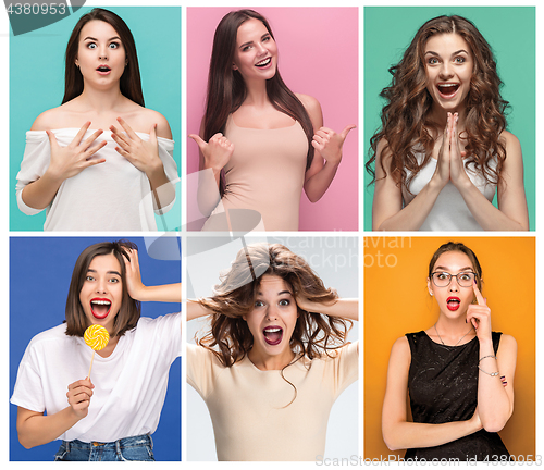 Image of collage of photos of attractive smiling women