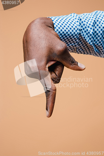 Image of Black male hand point finger. Hand gestures - man pointing on virtual object with forefinger