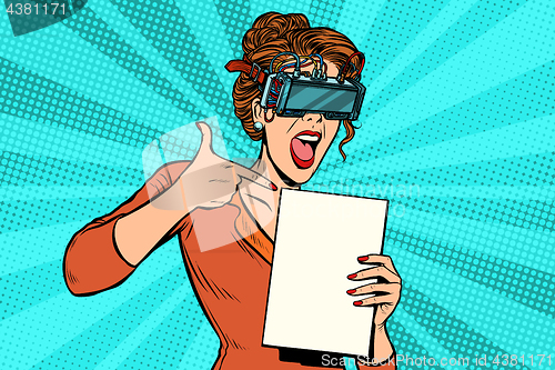 Image of promoter woman in glasses virtual reality advertises