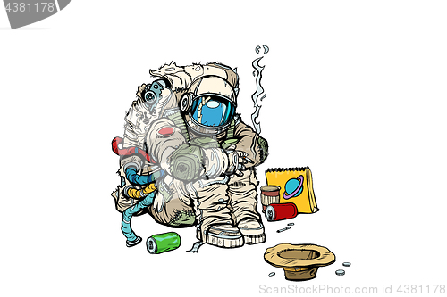 Image of Crowdfunding concept. A poor homeless astronaut asks for money