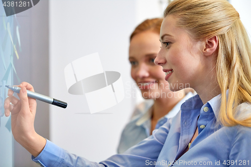 Image of businesswoman writing sticky notes at office