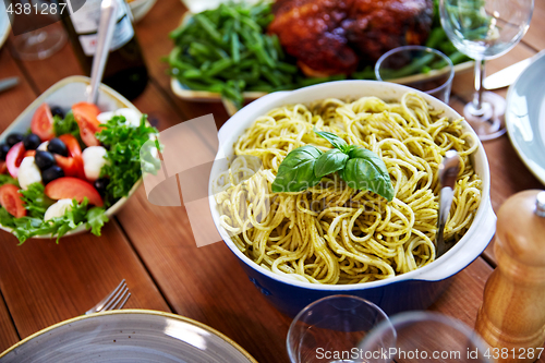 Image of pasta with basil in bowl and other food on table