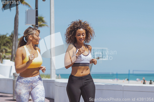 Image of Content women jogging in tropical sunshine