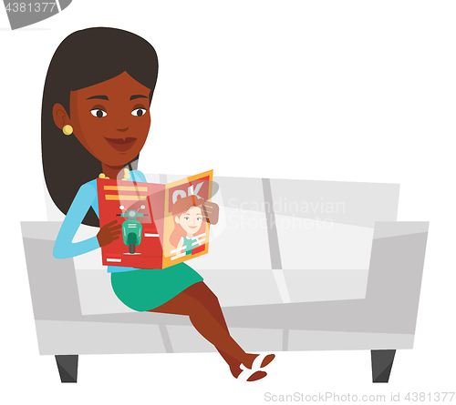 Image of Woman reading magazine on sofa vector illustration