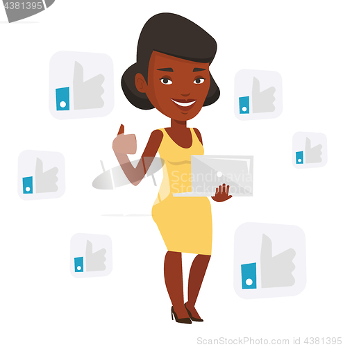 Image of Woman with like social network buttons.