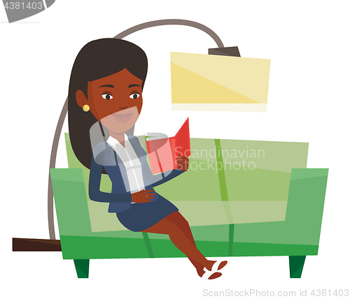 Image of Woman reading book on sofa vector illustration.