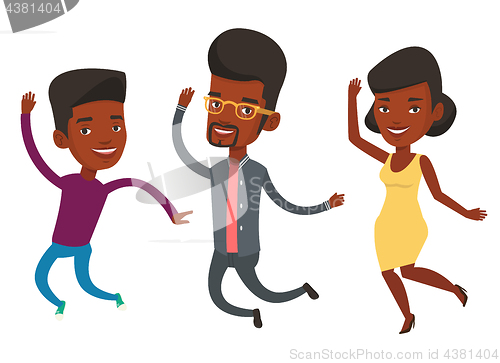 Image of Group of joyful young friends jumping.