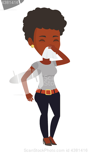 Image of Young african-american sick woman sneezing.