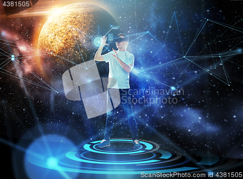 Image of man in virtual reality headset or 3d glasses