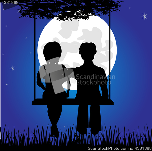Image of Girl and lad sit on seesaw