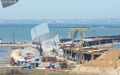 Image of Taman, Russia - 15 April 2017: View of the construction of a transport crossing through the Kerch strait from the tamani side, which will connect the Kerch and Taman peninsulas, as of April 2017