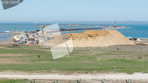 Image of Taman, Russia - April 15, 2017: General view from the tamani side on the construction of the bridge across the Kerch Strait, as of April 2017