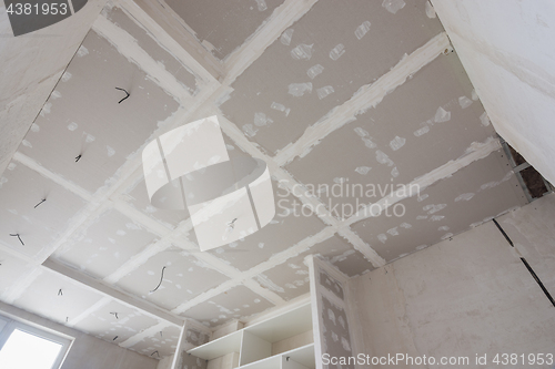 Image of The ceiling is covered with plasterboard sheets during the repair process