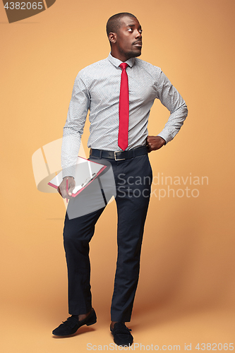 Image of Attractive standing Afro-American businessman writing notes