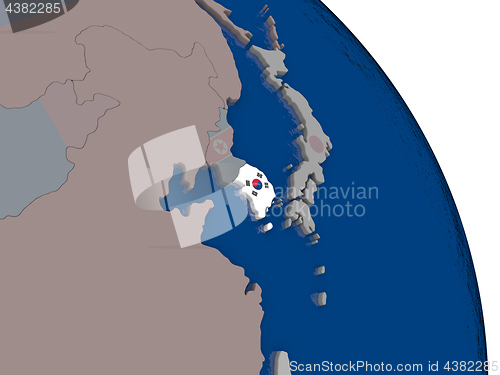 Image of South Korea with flag on globe