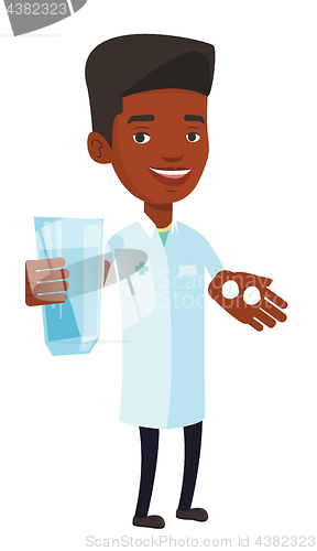 Image of Pharmacist giving pills and glass of water.