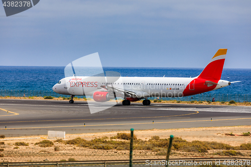 Image of ARECIFE, SPAIN - APRIL, 15 2017: AirBus A321 of IBERIA with the 