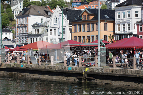 Image of BERGEN MARKET SQUARE, NORWAY - MAY 27, 2017: Grocery stores that