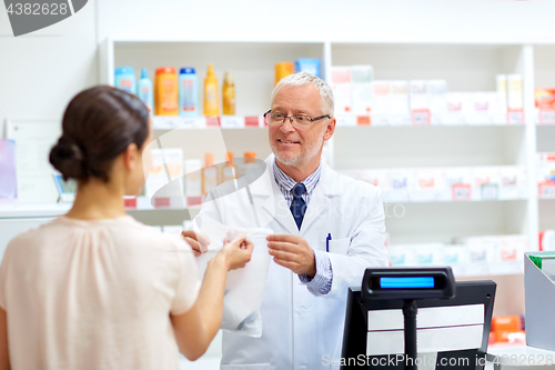 Image of apothecary with cure and customer at pharmacy