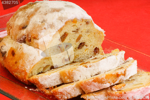 Image of Sliced Christmas stollen fruit cake