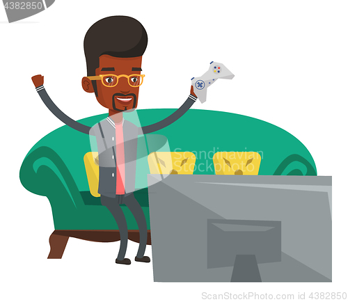 Image of Happy man playing video game vector illustration.