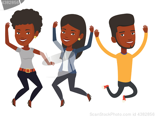 Image of Group of joyful young friends jumping.