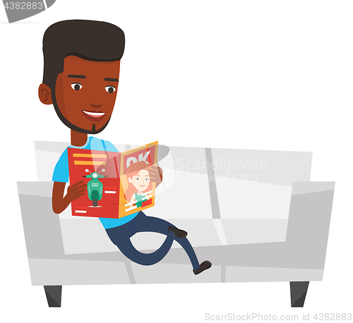 Image of Man reading magazine on sofa vector illustration