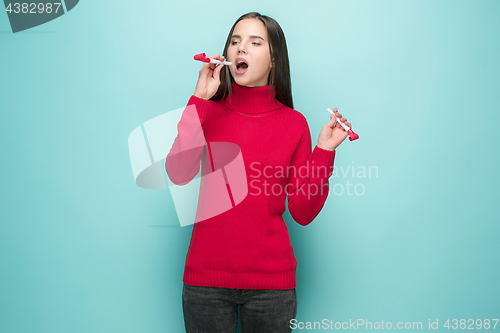 Image of businesswoman celebrating birthday, isolated on white background