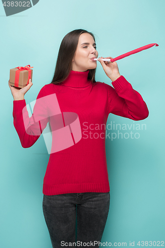 Image of businesswoman celebrating birthday, isolated on white background