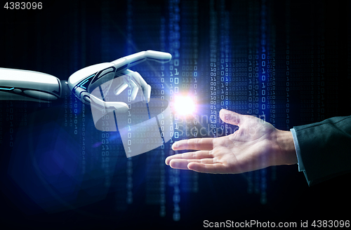 Image of robot and human hand flash light and binary code