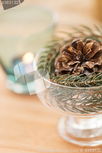 Image of close up of christmas decoration of fir and cone