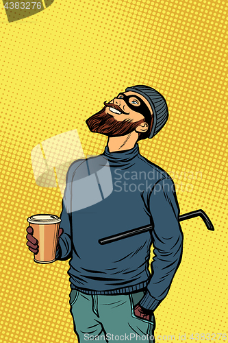 Image of Robber thief hacker drinks coffee and looks up