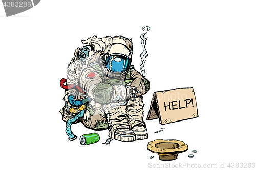 Image of Crowdfunding concept. A poor homeless astronaut asks for money