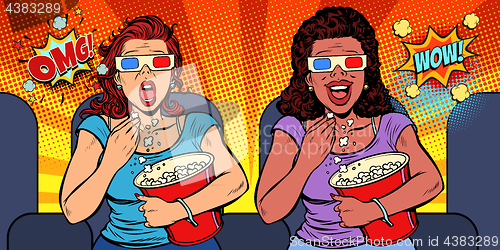 Image of Two women with 3D glasses react differently to the movie. laughs