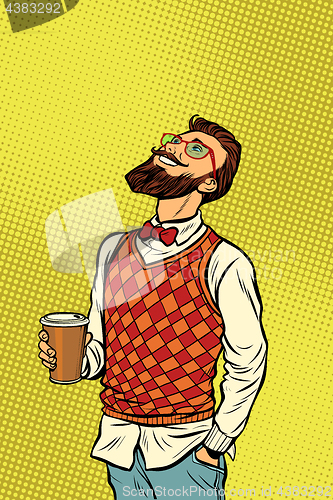 Image of Hipster drinks coffee and looks up
