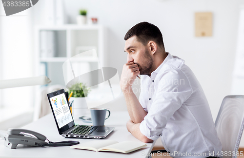 Image of businessman with charts on laptop screen at office