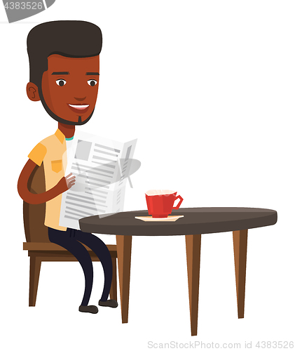 Image of Man reading newspaper and drinking coffee.