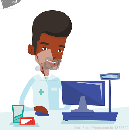Image of Pharmacist at counter with cash box.