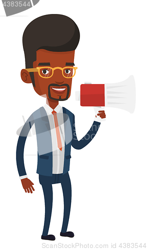 Image of Young business man speaking into megaphone.