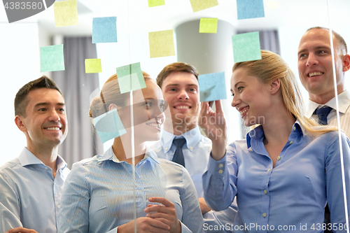 Image of business team at glass wall with sticky notes