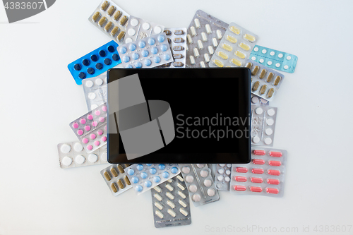 Image of tablet pc with pills and capsules of drugs