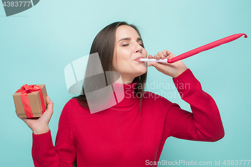 Image of businesswoman celebrating birthday, isolated on white background