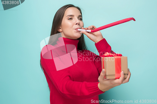 Image of businesswoman celebrating birthday, isolated on white background