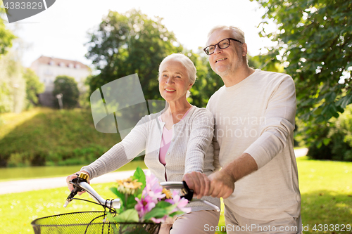 Image of happy senior couple with bicycles at summer park