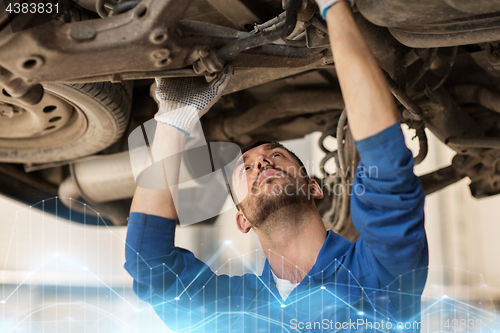 Image of mechanic man or smith repairing car at workshop