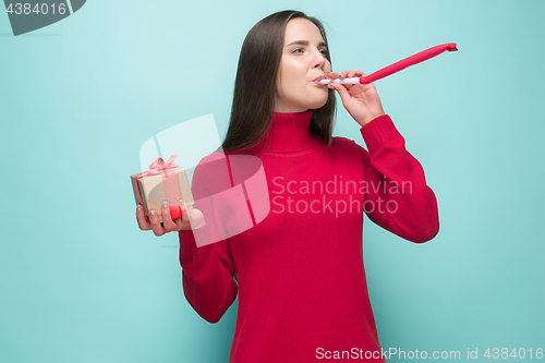 Image of businesswoman celebrating birthday, isolated on white background