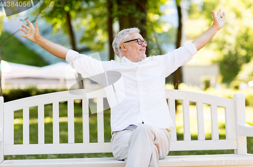 Image of happy senior man sitting on bench at summer park