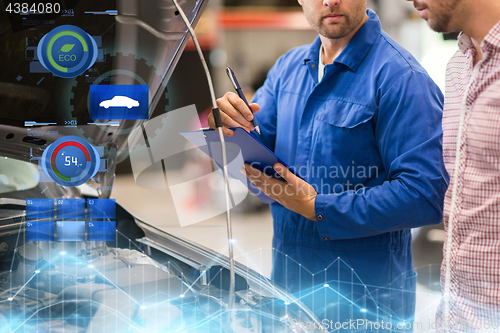 Image of auto mechanic with clipboard and man at car shop