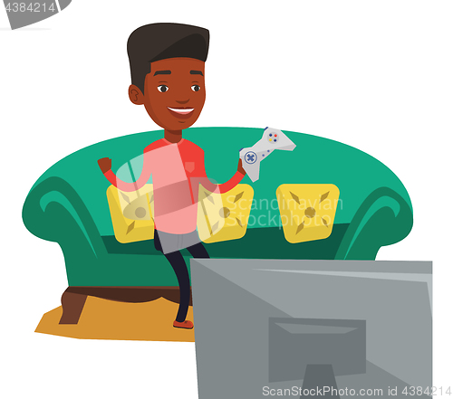 Image of Man playing video game vector illustration.