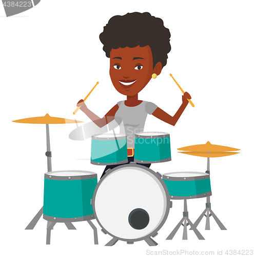 Image of Woman playing on drum kit vector illustration.